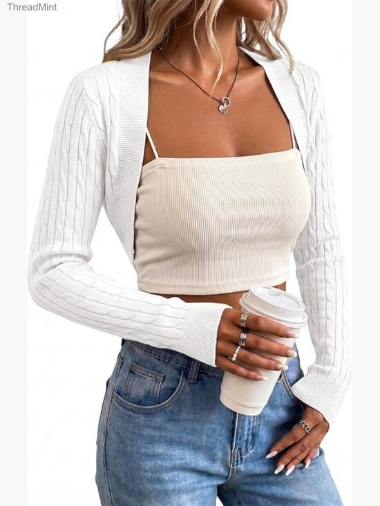 Sweaters - Cropped Cardigan Bolero Shrug Long Sleeve Open Front Lightweight Knit Short